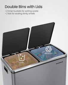 2-priehradkový pedálový recyklačný kôš s mäkkým zatváraním, šedý kov