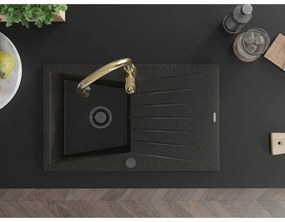 Mexen Cesar, 1-komorový granitový drez 775x470x190 mm a drezová batéria Savita, čierna-zlatá metalíza, 6514-75-672601-50-B