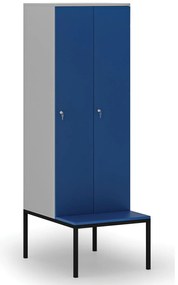 Drevená šatníková skrinka S4 s lavičkou, 2 oddiely, 1871 x 600 x 500/800 mm, demont, cylindrický zámok, sivá / modrá