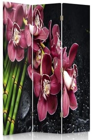 Ozdobný paraván, Orchidej s bambusem - 110x170 cm, trojdielny, obojstranný paraván 360°