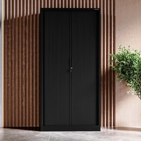 Kovová kancelárska skriňa DAMIAN so žalúziovými dverami, 900 x 1850 x 450 mm, čierna