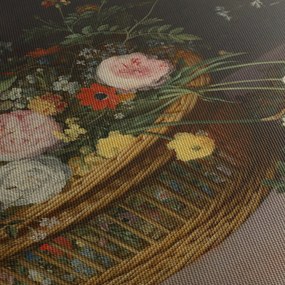 Obraz - Jan Brueghel the Elder, Flowers in a Basket and a Vase, reprodukcia (s hodinami) (90x30 cm)