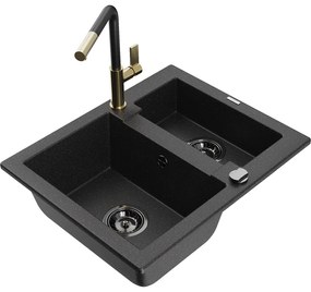Mexen Carlos, 1,5-komorový granitový drez 582x475x177 mm a drezová batéria Flora, čierna-strieborná metalíza, 6518-73-670401-57-B