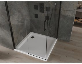 Mexen Omega, sprchovací kút s posuvnými dverami 100 (dvere) x 100 (stena) cm, 8mm číre sklo, čierny profil + slim sprchová vanička biela s čiernym sifónom, 825-100-100-70-00-4010B