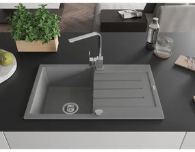 Mexen Bruno, drez granitový 795x495x200 mm, 1-komorový, šedá s chrómovým sifónom a chrómová drezová batéria Rita, 6513-71-670300-00