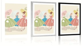 Plagát s paspartou retro dámy s dáždnikmi - 30x45 black