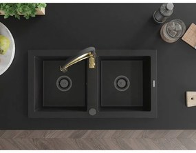 Mexen Mario, granitový drez 820x436x161 mm, 2-komorový a drezová batéria Aster, čierna, 6504-77-73450-57-B