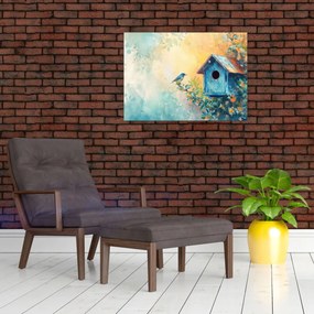 Sklenený obraz - Vtáčia búdka, akvarel (70x50 cm)