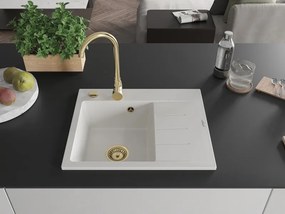 Mexen Ben jednokomorový žulový drez s odkvapkávačom, ľavý 600 x 500 mm, biely, zlatý sifón - 6522605000-20-G