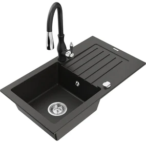Mexen Pablo, granitový drez 752x436x161 mm, 1-komorový a drezová batéria Savita, čierna-zlatá metalíza, 6510-75-672601-70