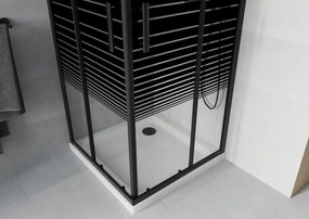 Mexen Rio, štvorcový sprchovací kút s posuvnými dverami 90(dvere) x 90(dvere) x 190 cm, 6mm číre sklo s pásikmi, čierny profil + biela sprchová vanička SLIM, 860-090-090-70-20-4010B