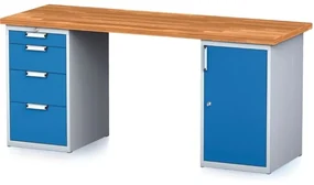 Alfa 3 Dielenský stôl MECHANIC I so zásuvkovým boxom a skrinkou na náradie namiesto nôh, 4 zásuvky, 2000 x 685 x 880 mm, modré dvere