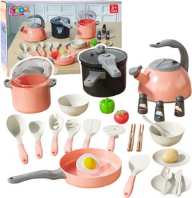 LEAN Toys Kuchynská súprava s hrncami a príslušenstvom na varenie, jedlo, ružová, 32 ks