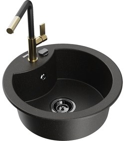 Mexen Diego, 1-komorový granitový drez 488x488x167 mm a drezová batéria Flora, čierna-zlatá metalíza, 6512-75-670401-57-B