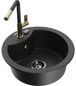 Mexen Diego, 1-komorový granitový drez 488x488x167 mm a drezová batéria Flora, čierna-zlatá metalíza, 6512-75-670401-57-B
