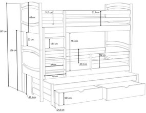 Detská poschodová posteľ z masívu borovice EMA s prístelkou a šuplíkmi - 200x90 cm - PRÍRODNÁ BOROVICA