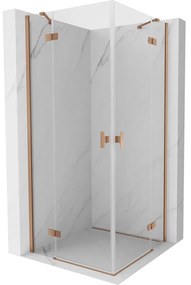 Mexen Mist-H Duo, 2-krídlový výklopný sprchový kút 85 x 85 cm, číre sklo, medený matný profil, 8A5-085L-085P-65-00