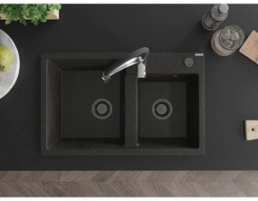 Mexen Tomas, 2-komorový granitový drez 800x500x190 mm a drezová batéria Aster, čierna-zlatá metalíza, 6516-75-73450-07-B