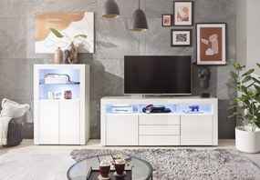 Široká TV skrinka Leeds, biela lesk, s osvetlením