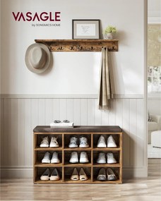 Lavička na topánky, botník s čalúneným sedadlom, 9 priehradiek, rustikálny hnedý