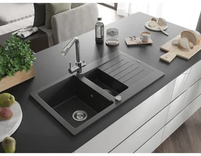 Mexen Matias, granitový drez 900x505x200 mm, 1,5-komorový a chrómová batéria Duero, čierna škvrnitá, 6502-76-671600-00