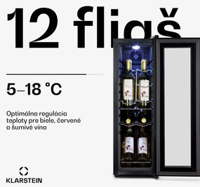 Klarstein Shiraz 12 Slim, vinotéka, 32 l, 12 fliaš, 85 W, 5–18°C, dotykový ovládací panel