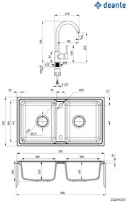 Deante Zorba, granitový drez 780x435x180 mm B/O + priestorovo úsporný sifón, 2-komorový + Nemezja batéria, piesková, ZQZA7203