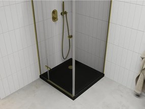 Mexen Roma, sprchový kút s krídlovými dverami 80 (dvere) x 80 (stena) cm, 6mm číre sklo, zlatý profil + slim sprchová vanička čierna + zlatý sifón, 854-080-080-50-00-4070G