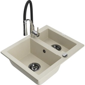 Mexen Carlos, 1,5-komorový granitový drez 582x475x177 mm a drezová batéria Aster, béžová, 6518-69-73450-07-B
