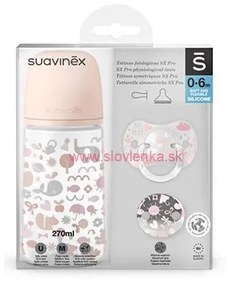 SUAVINEX - sada fľaša 270 ml + cumlík fyziologický 0/6 m + KLIP MEMORIES - ružový