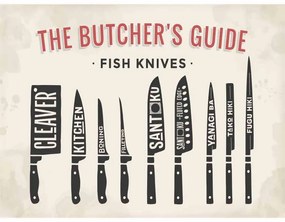 Ceduľa The Butchers Guide - Fish Knives 40 x 30 cm