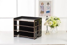 Drevený DIY kancelársky zásobník na dokumenty, organizér na dokumenty 4 priehradky čierny QS205 Čierna