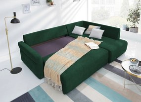 Rohová sedačka na trvalé spanie Island, tmavo zelená látka, pravý roh