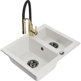 Mexen Carlos, 1,5-komorový granitový drez 582x475x177 mm a drezová batéria Aster, biela, 6518-20-73450-57-B