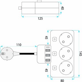 Toolight Toolight, JNH018, zásuvkový rozbočovač 3 zásuvky + 3× USB-A + USB-C s LED svetlom, čierna, OSW-56307