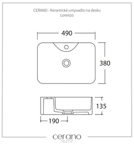 Cerano Lorenzo, keramické umývadlo na dosku 490x380x135 mm, biela lesklá, CER-CER-417167