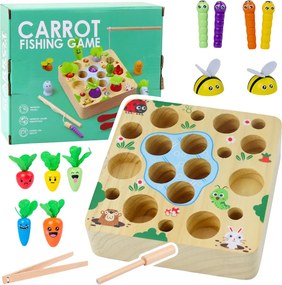 LEAN Toys Drevená hra na zručnosť mrkva žížaly magnetický rybársky prút