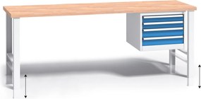 Výškovo nastaviteľný pracovný stôl do dielne G3 so závesným boxom na náradie, buková škárovka, 4 zásuvky, 2000 x 685 x 840 - 1050 mm, modrá