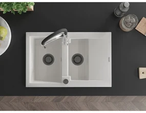 Mexen Gaspar, 1,5-komorový granitový drez 737x475x177 mm a drezová batéria Aster, biela, 6507-20-73450-07-B