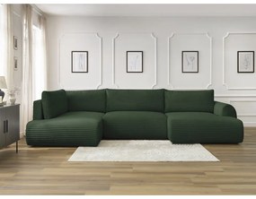 Tmavozelená menčestrová rozkladacia/s úložným priestorom rohová pohovka (ľavý roh/do tvaru "U") Lucien – Bobochic Paris