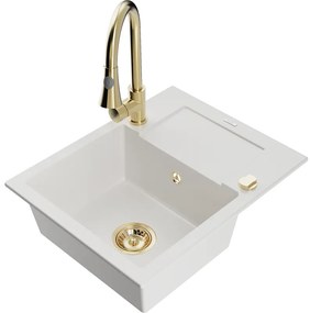 Mexen Enzo, 1-komorový granitový drez 576x465x174 mm a drezová batéria Elia, biela, 6506-20-670101-50