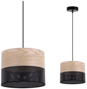 Light Home Závesné svietidlo Wood, 1x béžová dubová dýha/čierne PVCové tienidlo, (fi 20cm)