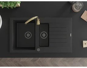 Mexen Matias, granitový drez 900x505x200 mm, 1,5-komorový a zlatá batéria Telma, čierna, 6502-77-670200-50-B