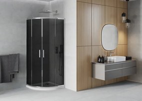 Mexen Rio, štvrťkruhový sprchovací kút s posuvnými dverami 80 x 80 cm, 6mm šedé sklo, chrómový profil + biela sprchová vanička, 863-080-080-01-40-4110