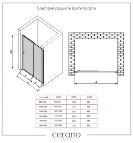 Cerano Varone, sprchovací kút s posuvnými dverami 100(dvere) x 90 (stena) x 195 cm, 6mm číre sklo, čierny profil, CER-CER-DY505B-10090