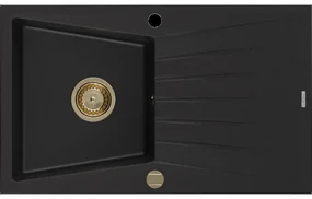 Mexen Cesar granitový jednokomorový drez s odkvapkávačom 775 x 470 mm, Čierna, Sifón Zlatá - 6514771010-77-G