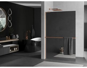 Mexen Kioto+ L, sprchová zástena Walk-In s poličkou a vešiakom 70 x 200 cm, 8mm sklo vzor zrkadlo, medený matný profil, 800-070-123-65-50