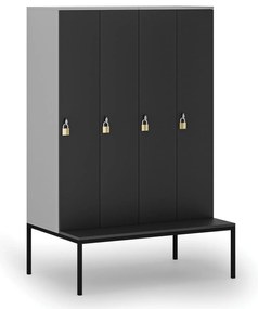 Drevená šatníková skrinka S4 s lavičkou, 4 oddiely, 1871 x 1200 x 500/800 mm, demont, otočný zámok, sivá/grafit