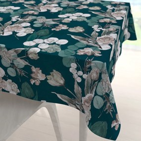 Biante Teflónový štvorcový obrus TF-058 Kvety s eukalyptom na tmavo zelenom 140x140 cm