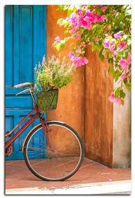 Obraz na plátne - Pristavený bicykel s kvetmi - obdĺžnik 774A (90x60 cm  )
